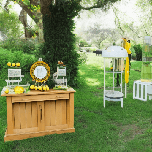 AI generated: wooden, upscale, lemonade stand, neatly organized, surrounded in rich greenery and lemons.