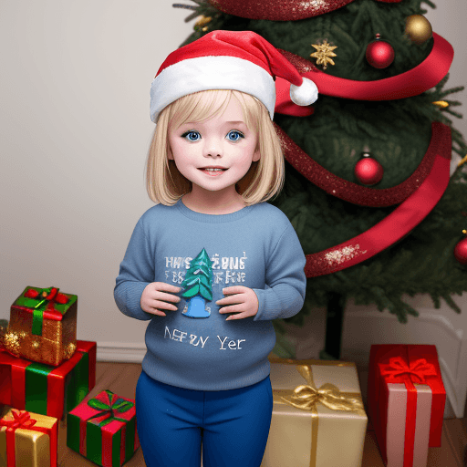 AI generated: a 5-year-old blonde girl  a New Year's cap stands next to a Christmas tree in blue pants