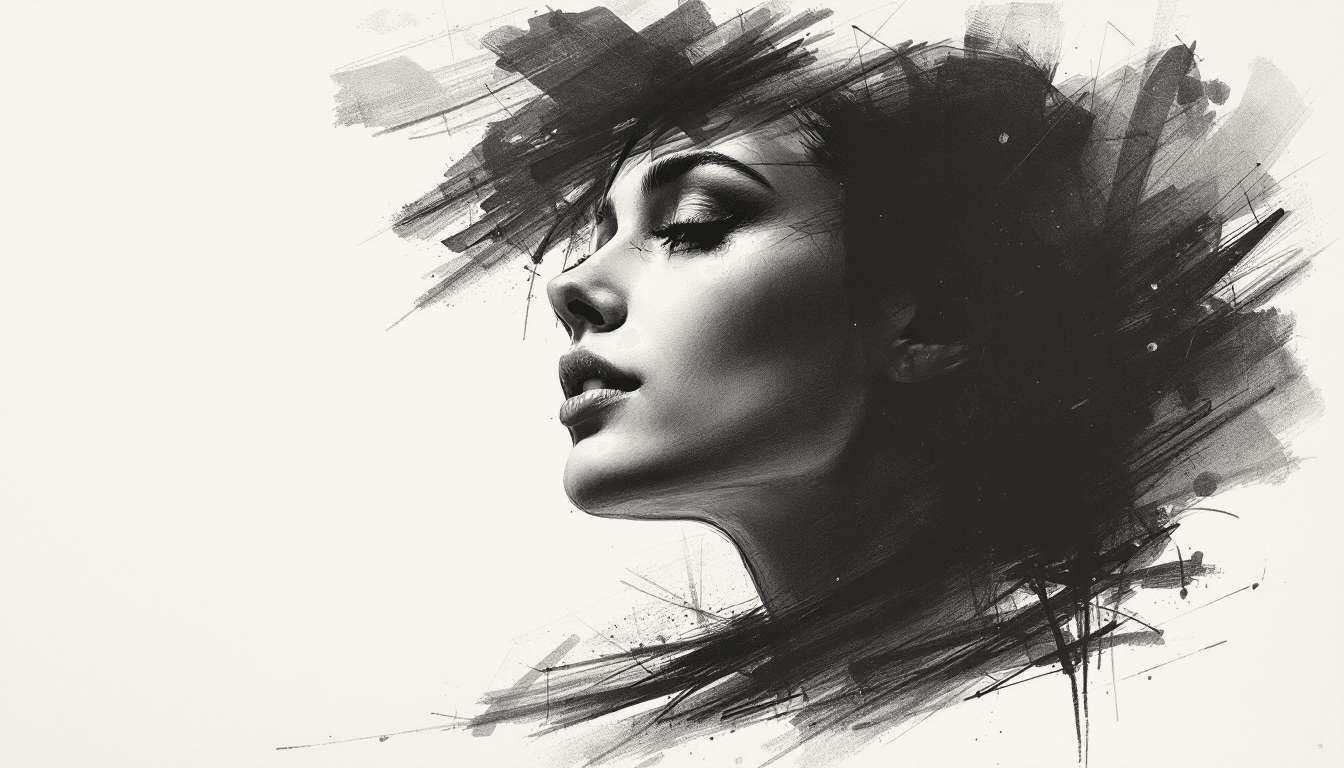 AI generated: lithograph of a beautiful woman, side view, slight smile, white background, dramatic lighting, sketc...