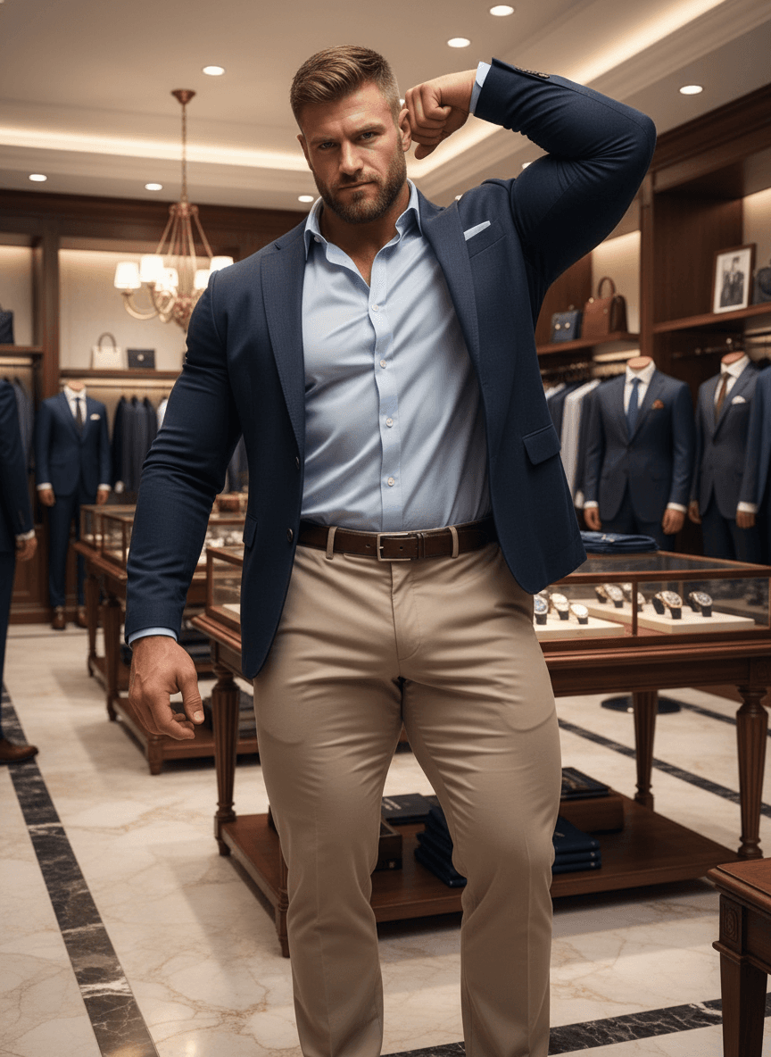 AI generated: At a very luxurious men's clothing store, the bodybuilder is white male, 6 feet 4 inches tall, he ha...