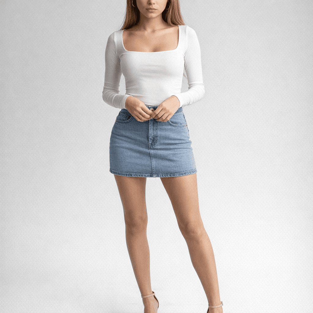 AI generated: casual but stylish with mini skirt and tight blouse, high heels 
