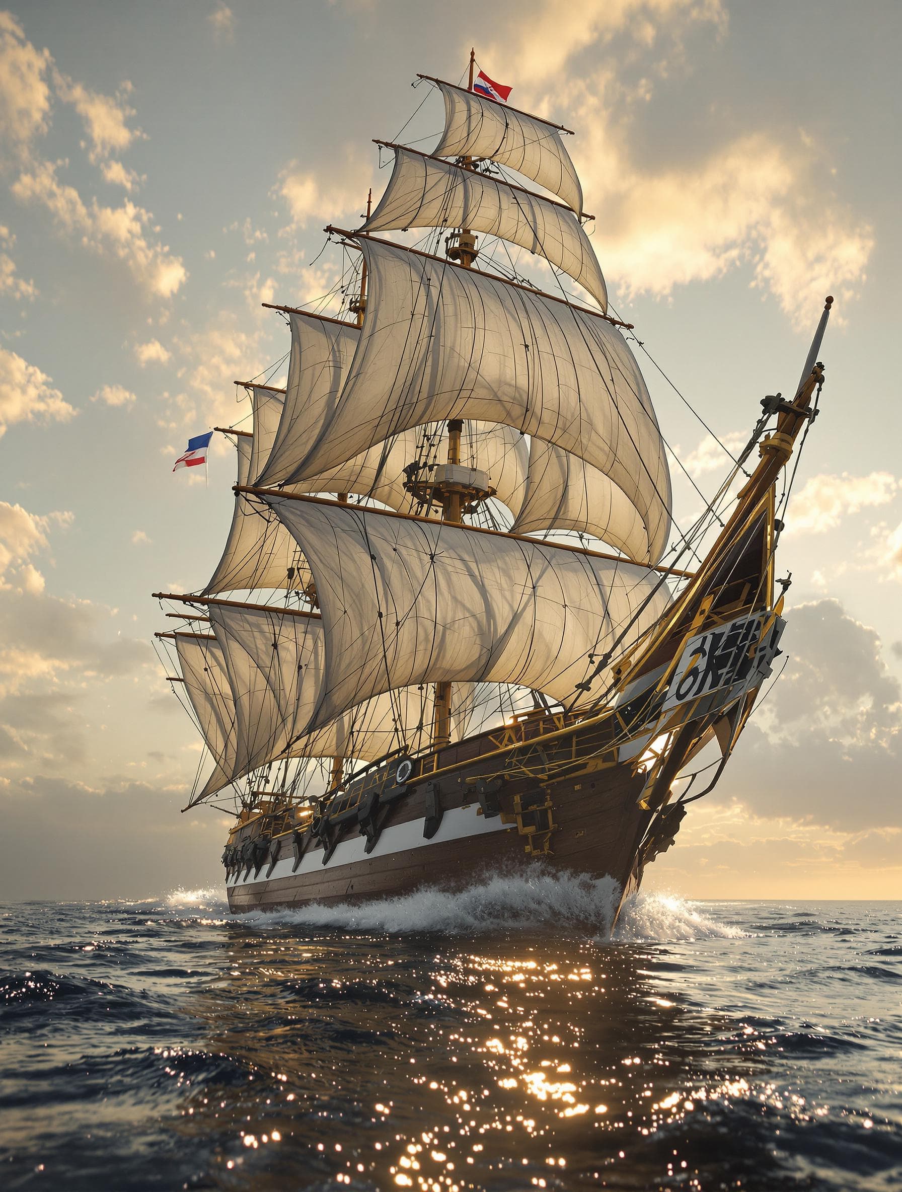 AI generated: Photo of a ultra realistic sailing ship, dramatic light, pale sunrise, cinematic lighting, battered,...