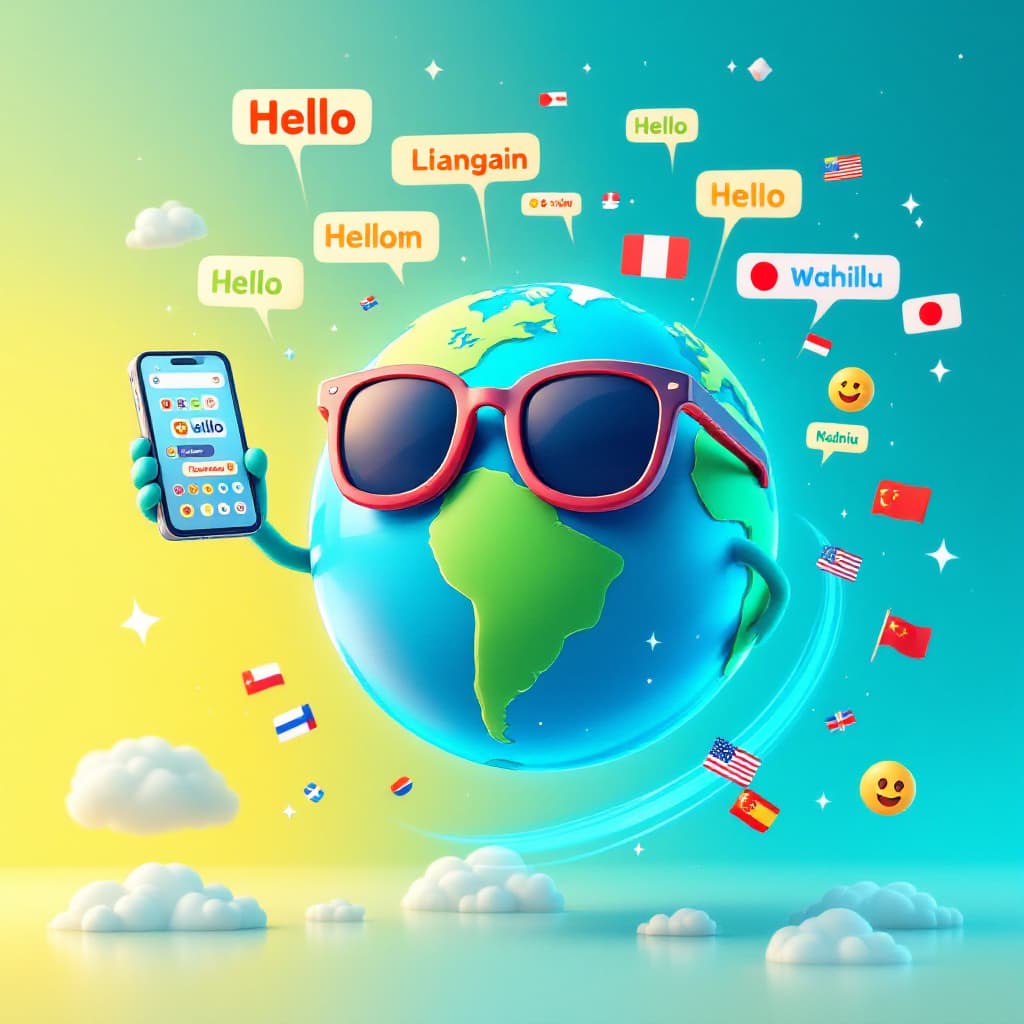 AI generated: "A vibrant 3D cartoon Earth wearing sunglasses, sending SMS bubbles from a floating smartphone, colo...