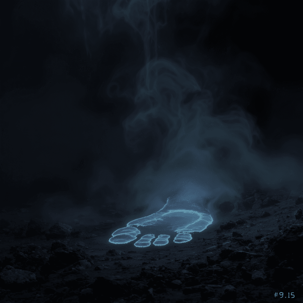 AI generated: Vertical 9:16, hyper-realistic image showing a giant ancient fossil footprint glowing faintly with c...