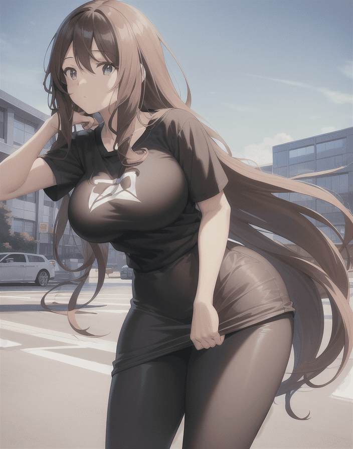 AI generated: (perfect anime illustration), 1girl, long brown hair, wavy hair, big breasted, outdoors, parking lot...