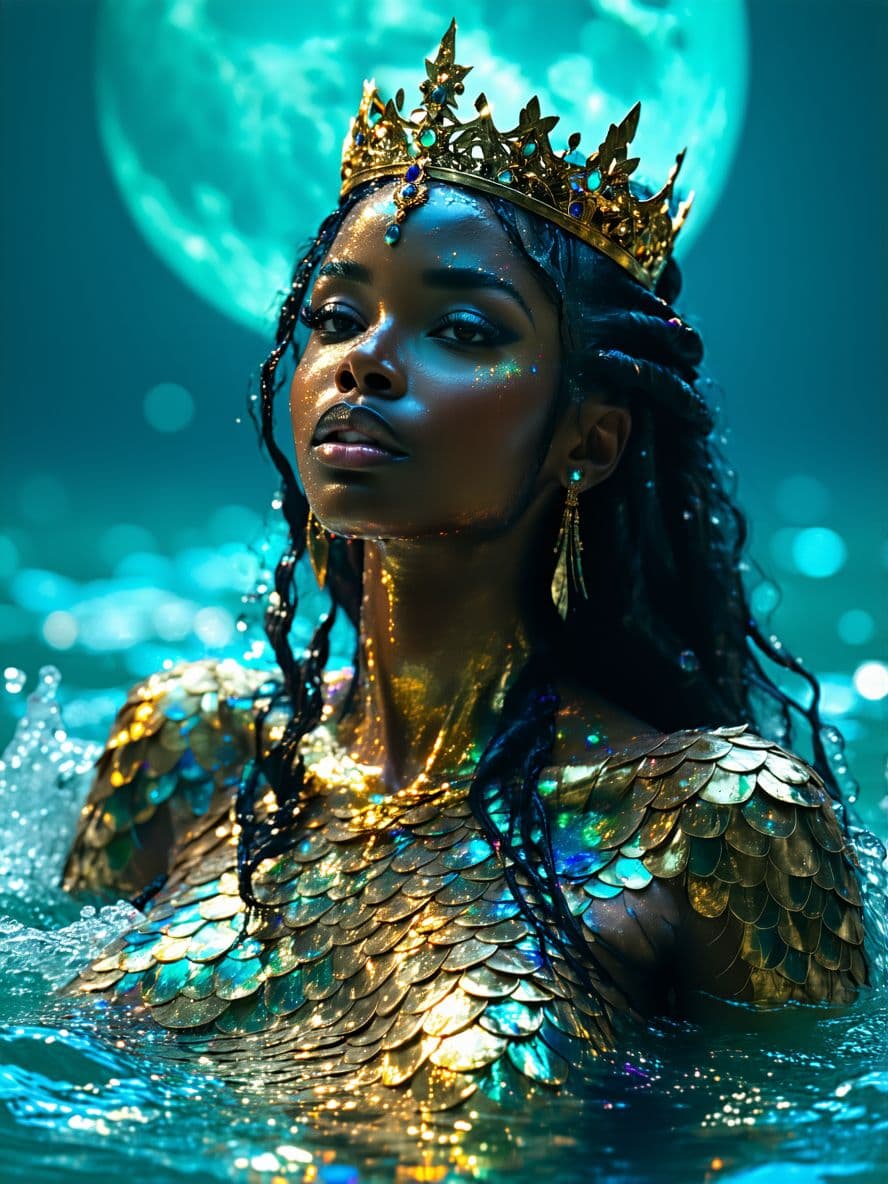 AI generated: Create a stunning (Mermaid:1.5) with (golden scales:1.3) that (shimmer:1.2) under (blue water:1.1). ...