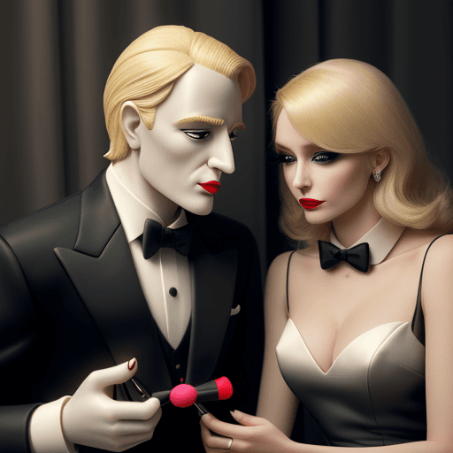 AI generated: An elegant 30-year blond woman, with makeup and lipstick, wearing a tuxedo, plays with the puppet of...