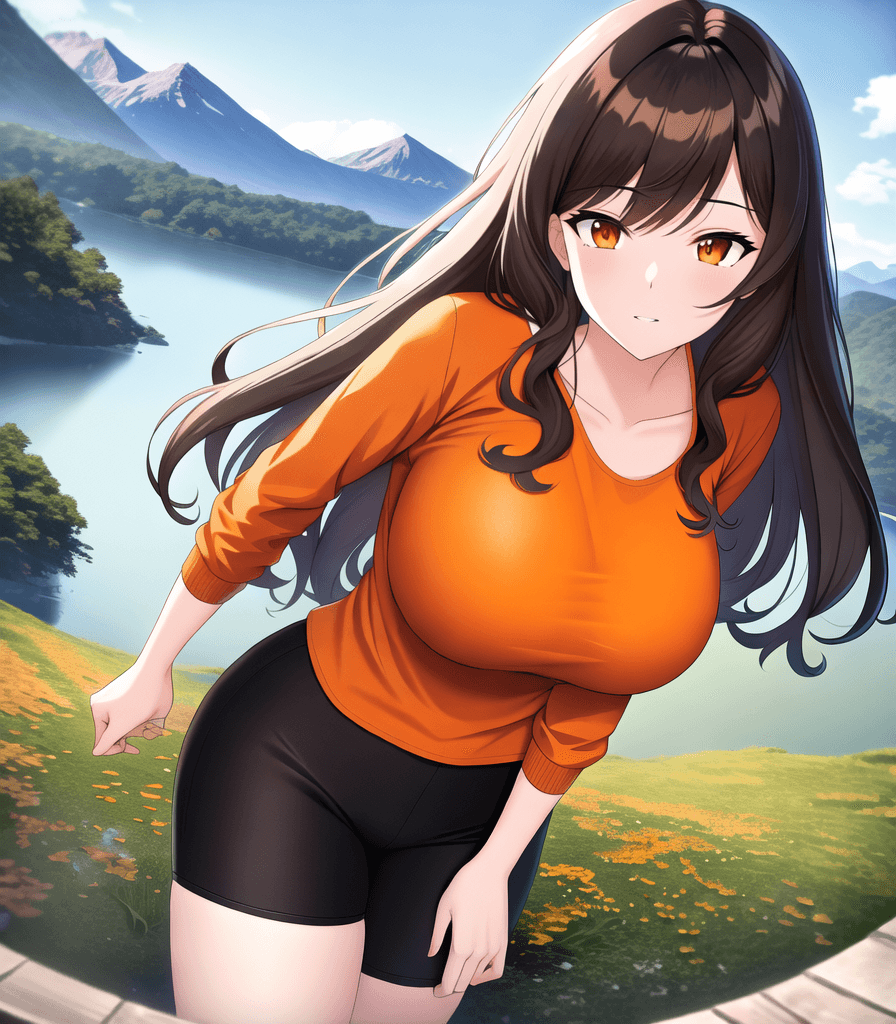 AI generated: (perfect anime illustration), 1girl, wavy hair, long brown hair, (huge breasts:1.3), mountains, tree...