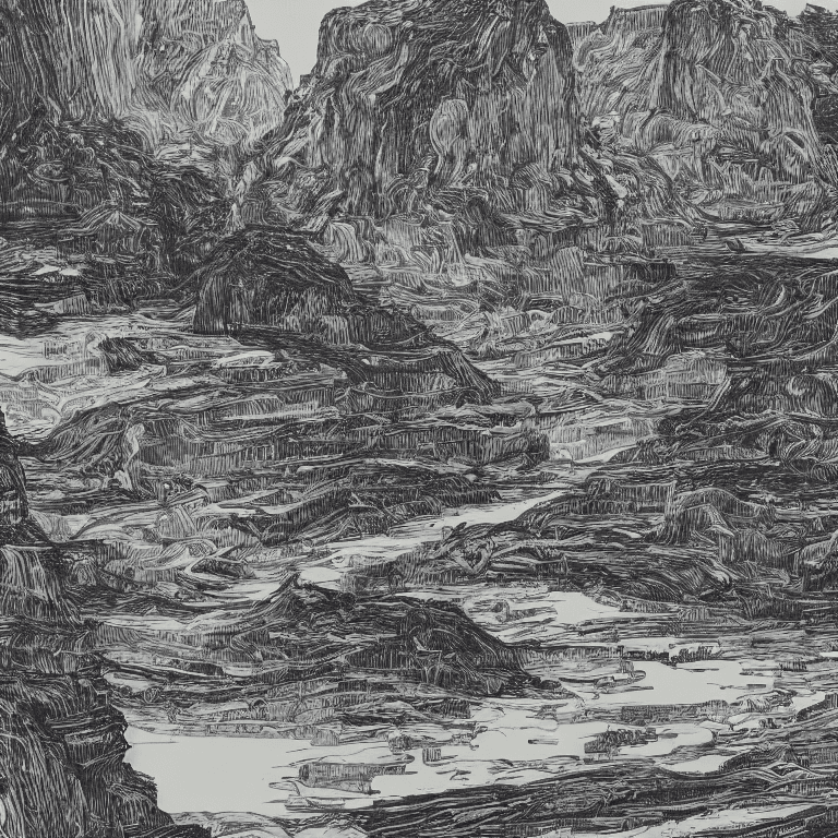 AI generated: black and white etching, black ink drawing, of a stunning city of stone inside a granite canyon, in ...