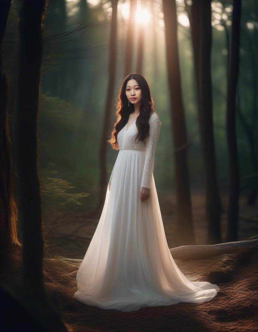 AI generated: mystical and beautiful woods, yung women realistic, long hair, full body, proportional body, vintage...