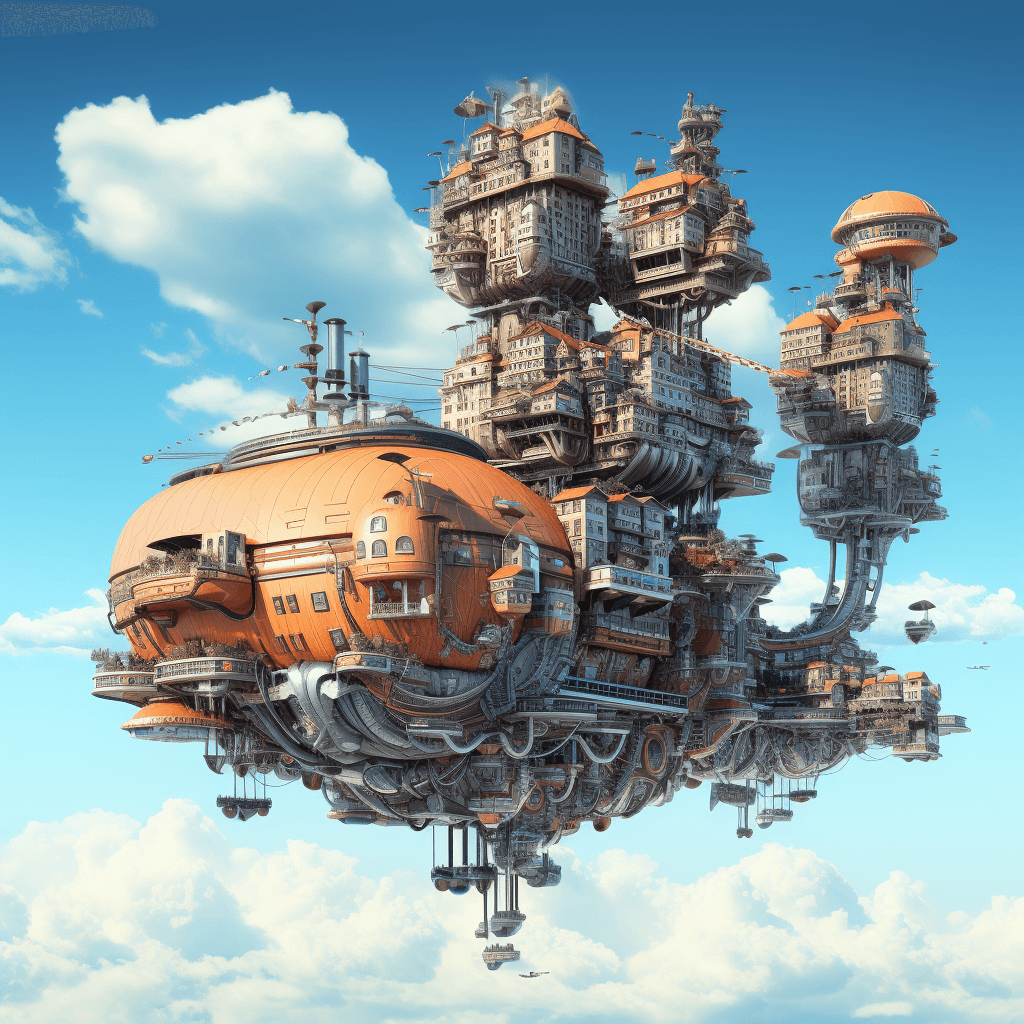 AI generated: scifi flying building floating in the sky, in the style of meticulous photorealistic still lifes, cl...