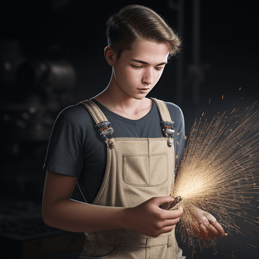 AI generated: A young worker in overalls at a diamond processing machine. background sheaf of sparks.  Leica 50mm,...