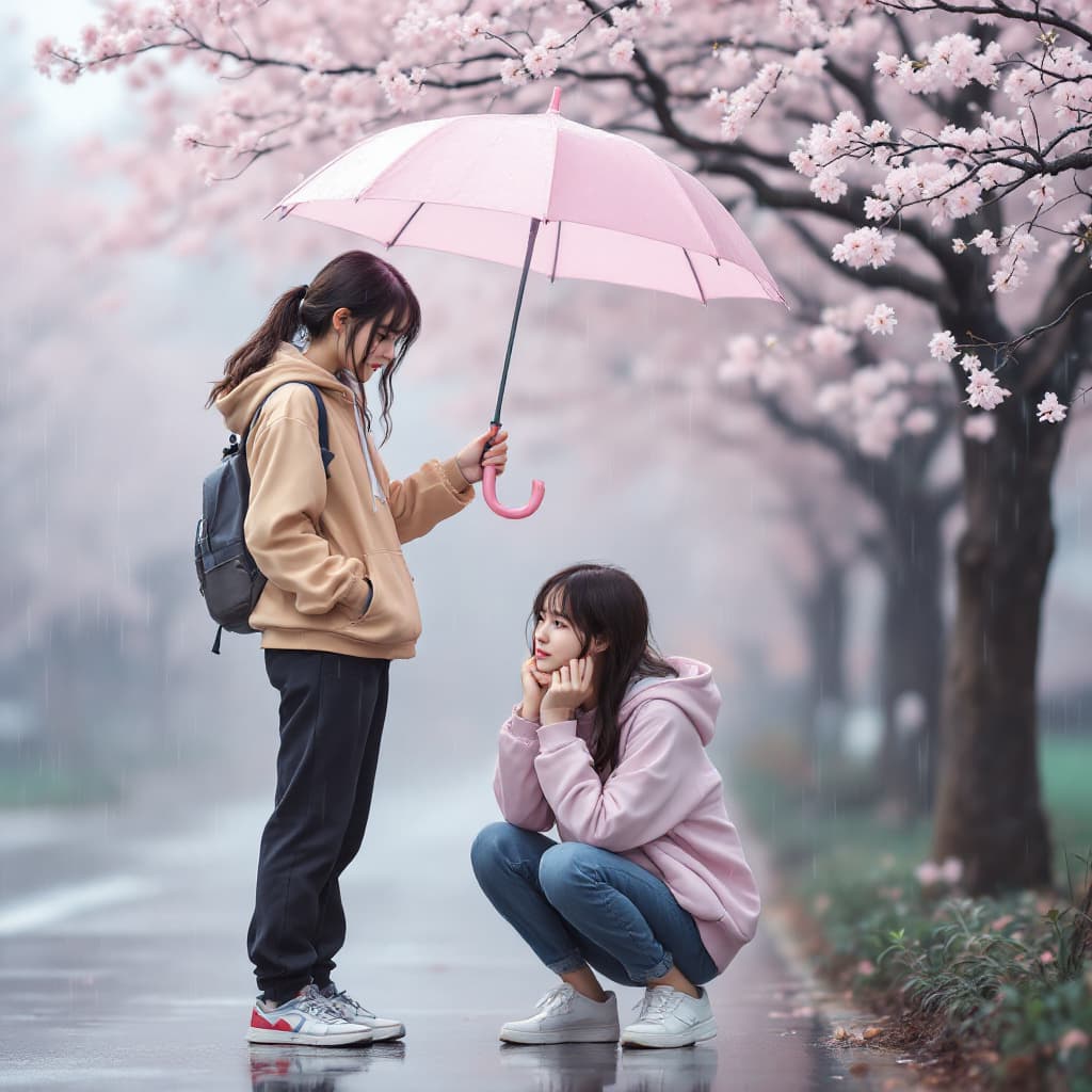 AI generated:   a serene scene with a 1 young woman and 1 young woman in the rain. The young woman stands, holding...