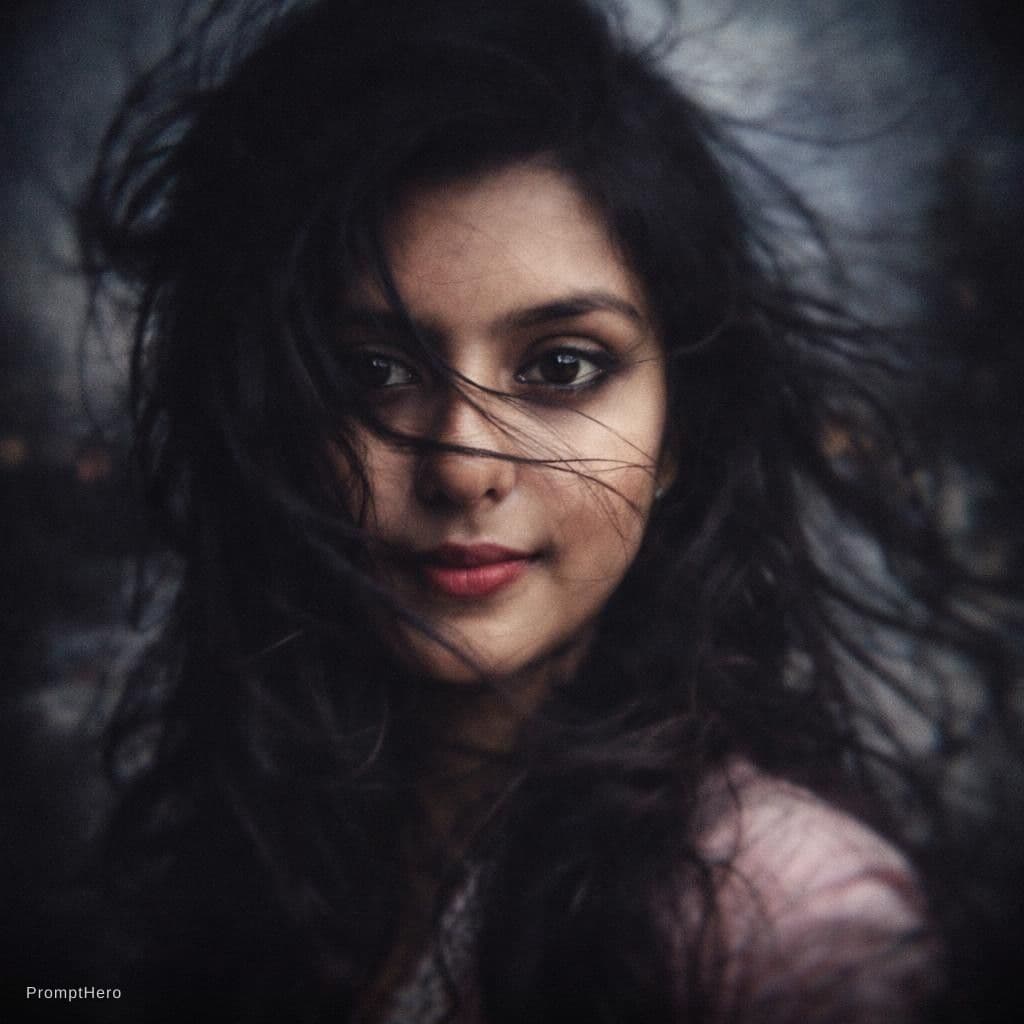 AI generated: a woman with long wild hair on a windy day, in the style of toy camera effects, haunting elegance, f...