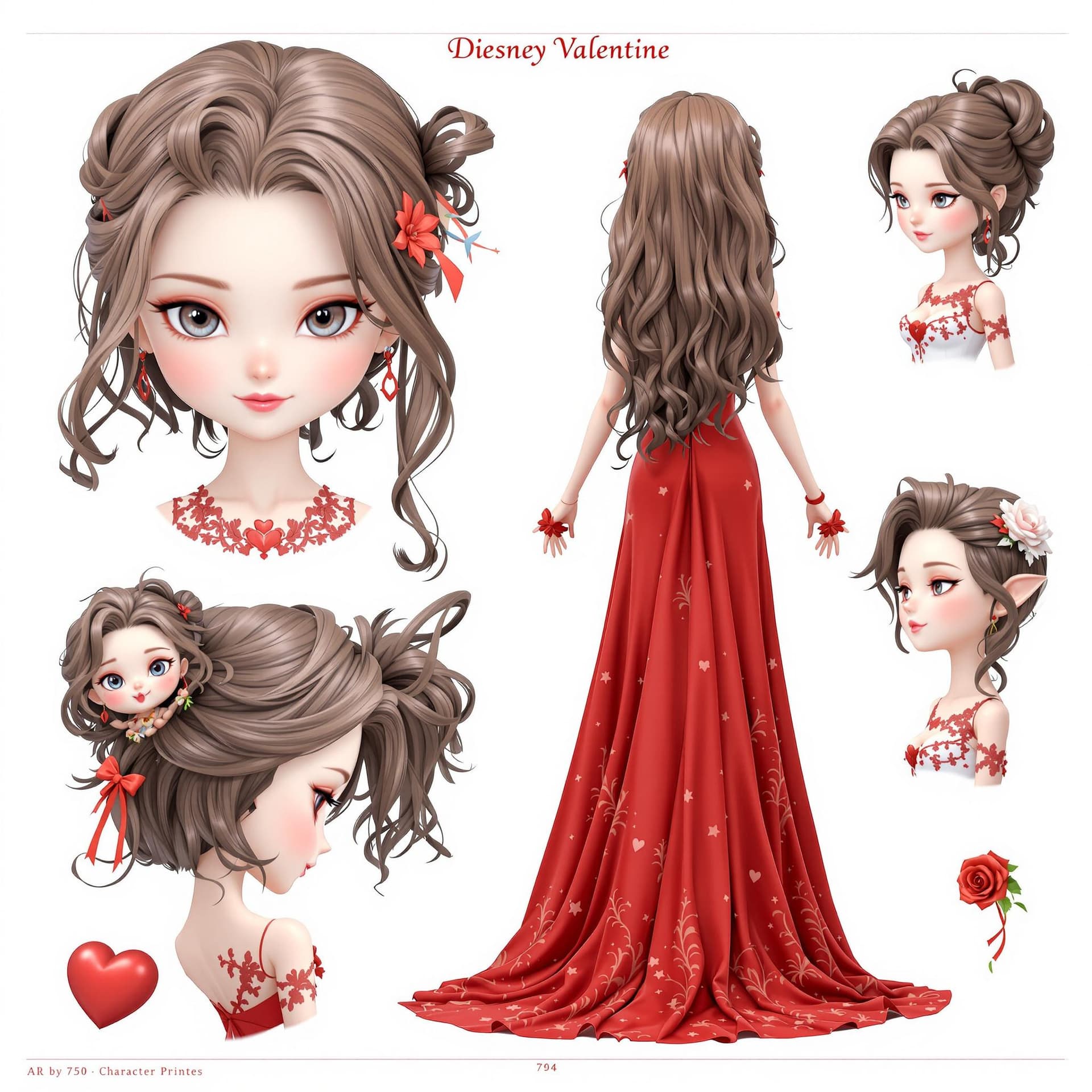 AI generated: Character sheet，diesney valentine, Girl with fasened top hair，not open hair, top fasened hair, 3d pr...