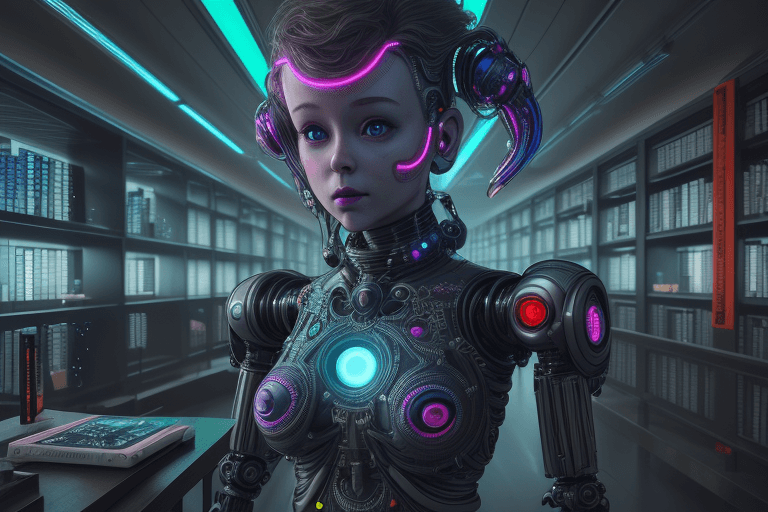 AI generated: High resolution photography, library, small humanoid robots, cyberpunk, bright colours,
8k, intricat...