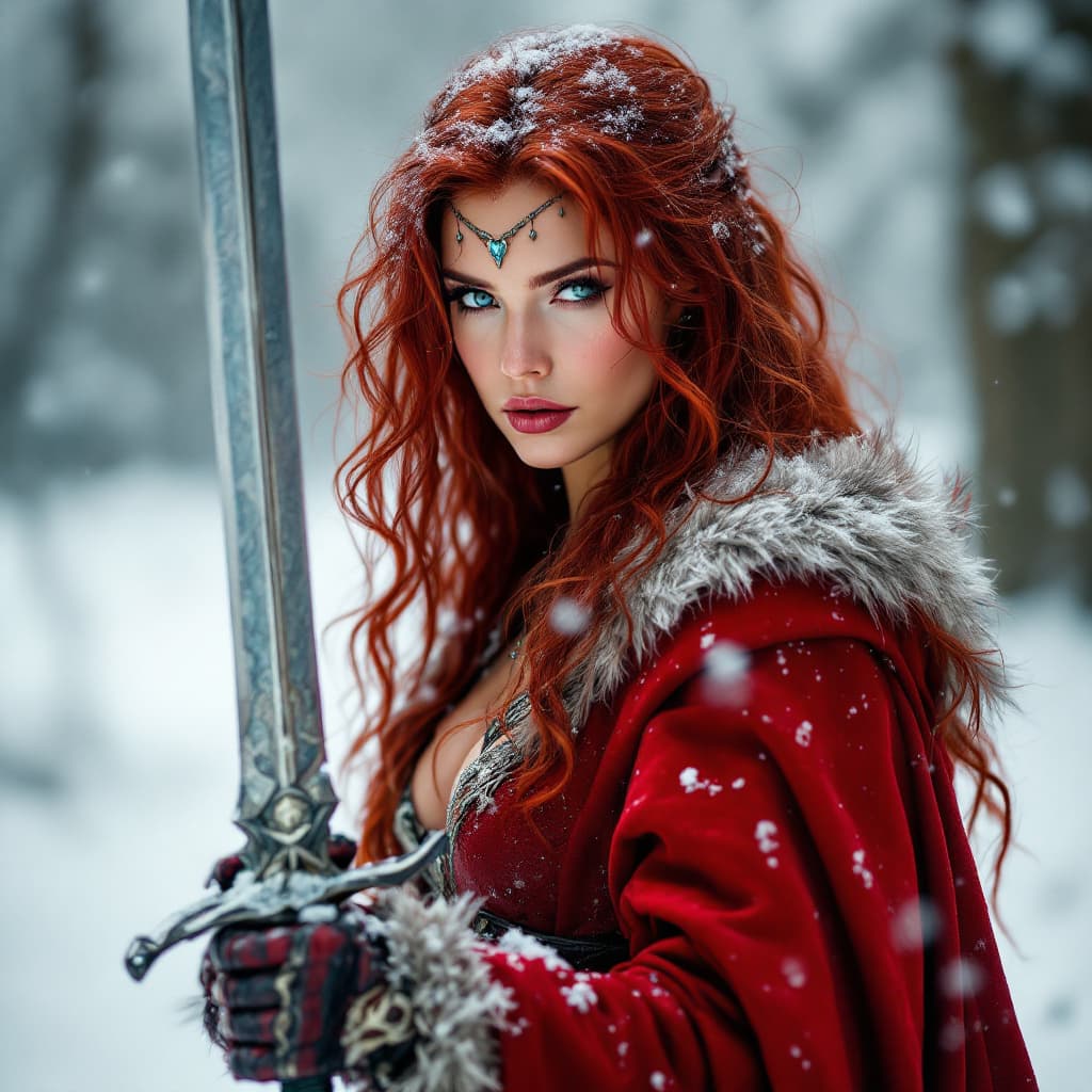AI generated: Red sonja in the snow holding onto her sword, while its cold and still she is looking gorgeous.