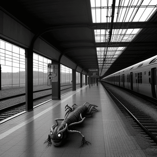 AI generated: A colorless monster made of fused bodies crawling through a barren train station