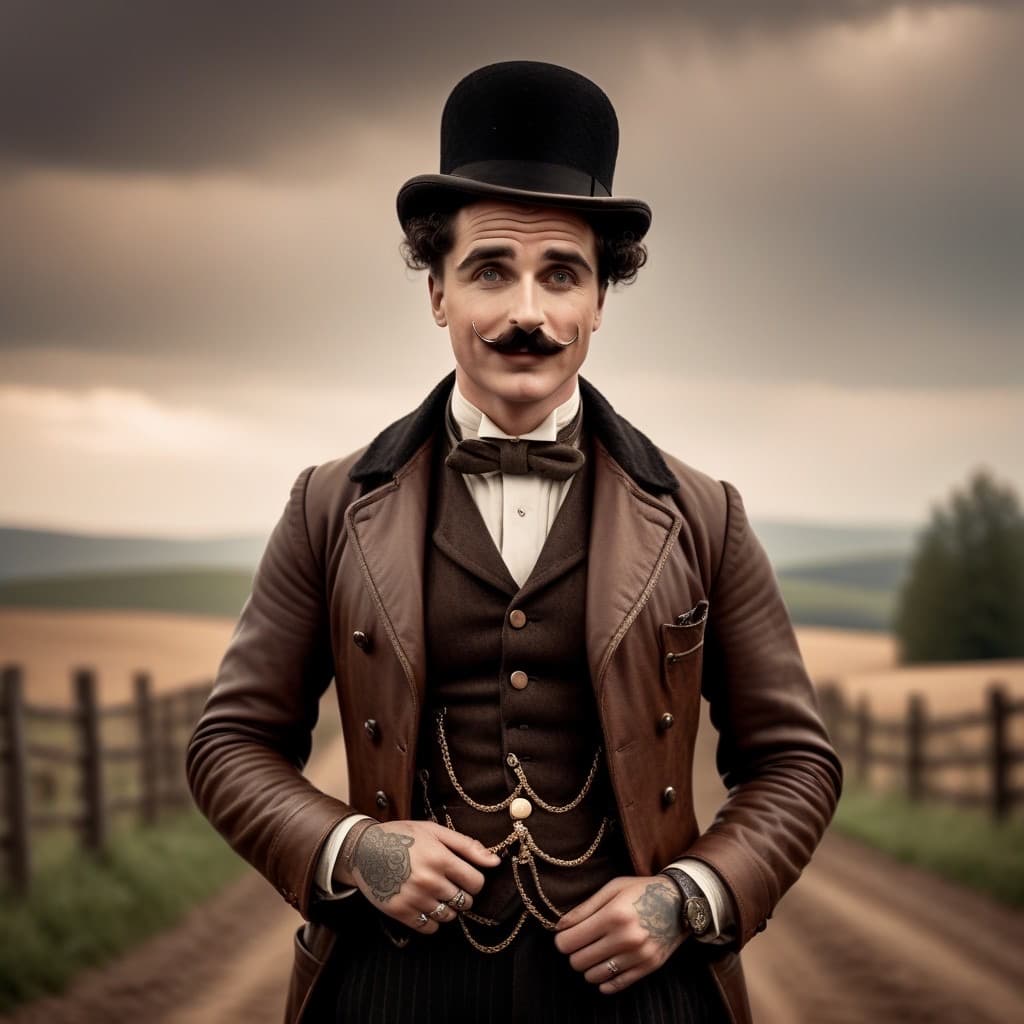 AI generated: Masterpiece, Protrait of Charlie Chaplin as  rural hipster, icon Charlie Chaplin moustache, tattoos ...
