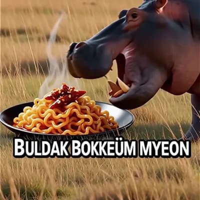 AI generated video: 사바나는 동물의 왕국이다 넓은 들판에 불닭볶음면 놓아두었다 먼저 하마 와서 먹고 매워서 도망간다 