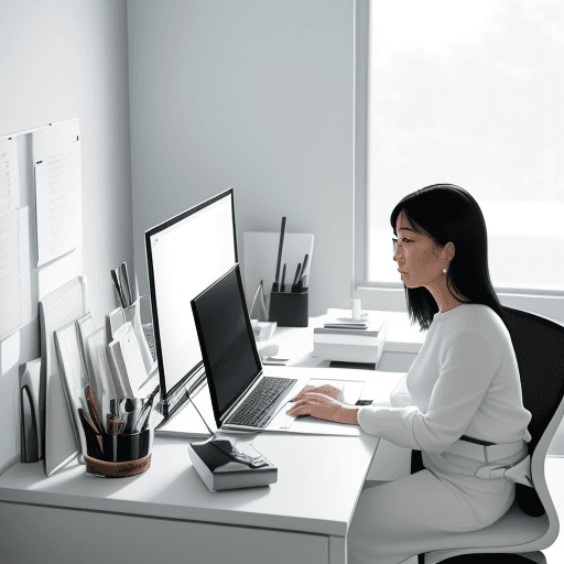 AI generated: modern, minimalist workspace, focused designer woman at a white desk, surrounded by objects of produ...