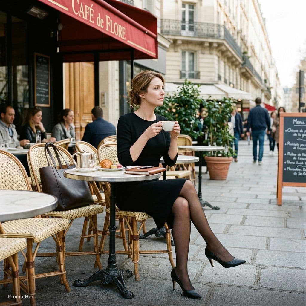 AI generated: lady having tea at a paris coffee shop, elegant, nylon, heels, dress, 
