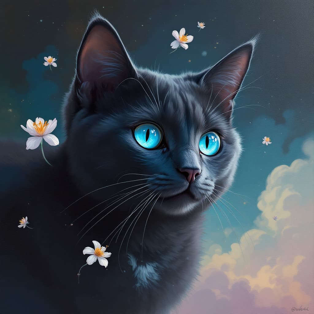 AI generated: dark grey cat with blue eyes, surreal painting in the style of David Mccloud and Wes Anderson --v 5....