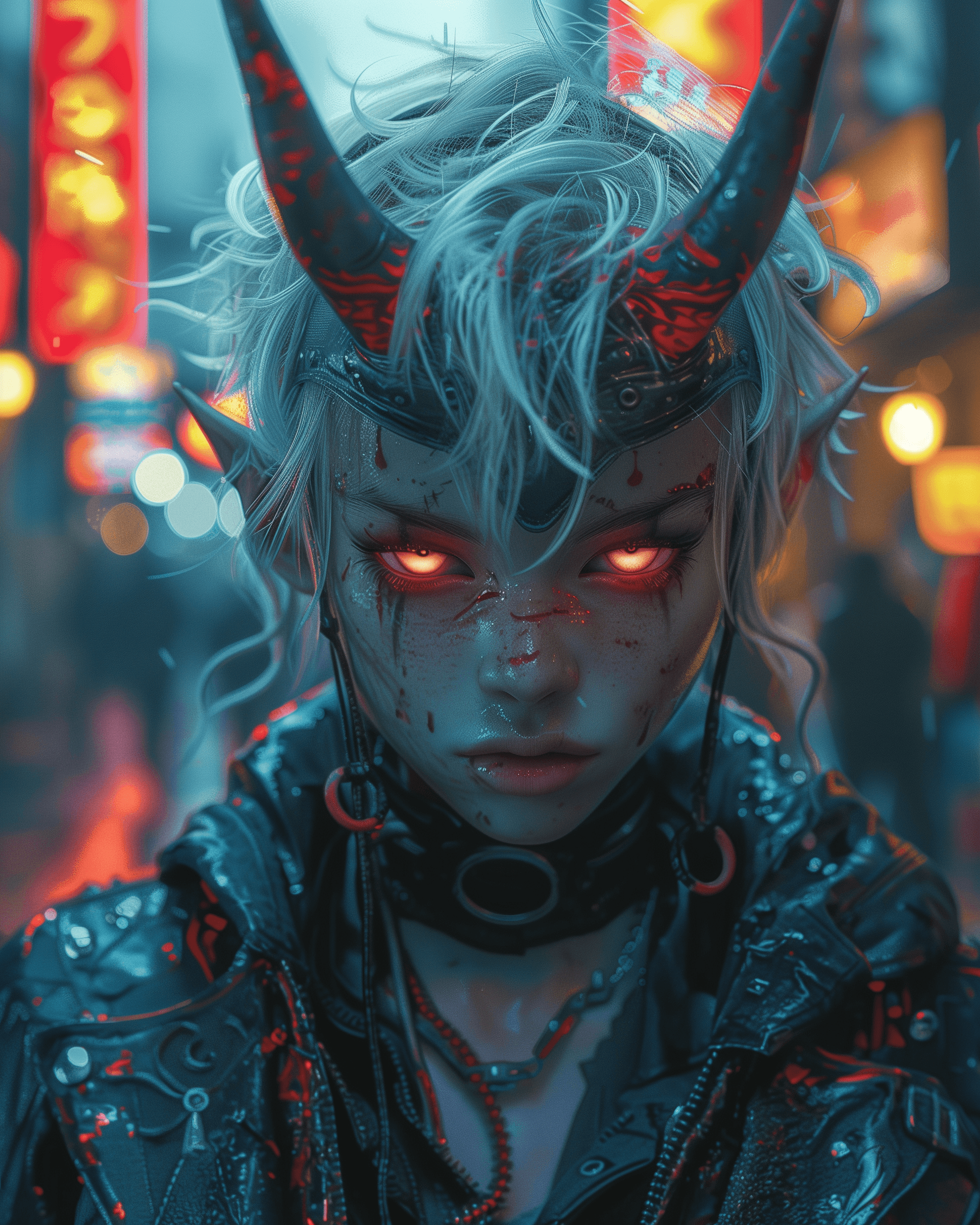AI generated: a figure of demon prince, a young man, japanese, 22 years old, white short hairstyle with red intric...