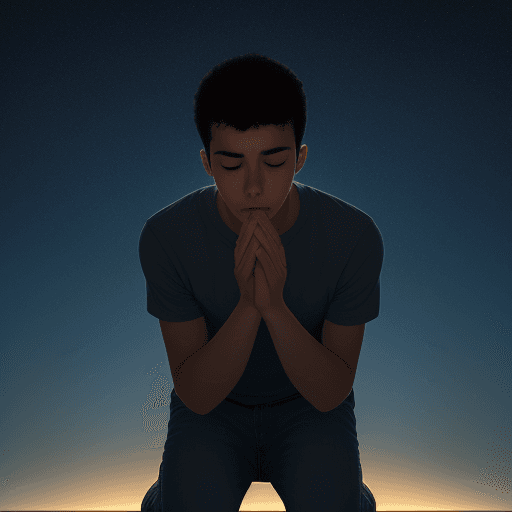 AI generated: young man on his knees, looking at the sky, on a light prompts