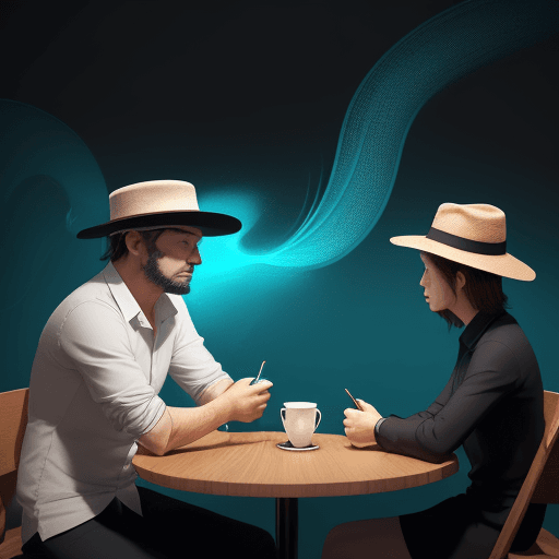 AI generated: man with a hat on is explaining a website to a client, sitting in a coffee shop, By Tang Yau Hoong, ...