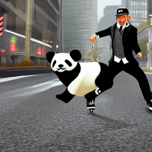 AI generated: a black and white panda in the style of gta wearing a black bowler hat, a tartan bow tie ,  roller s...
