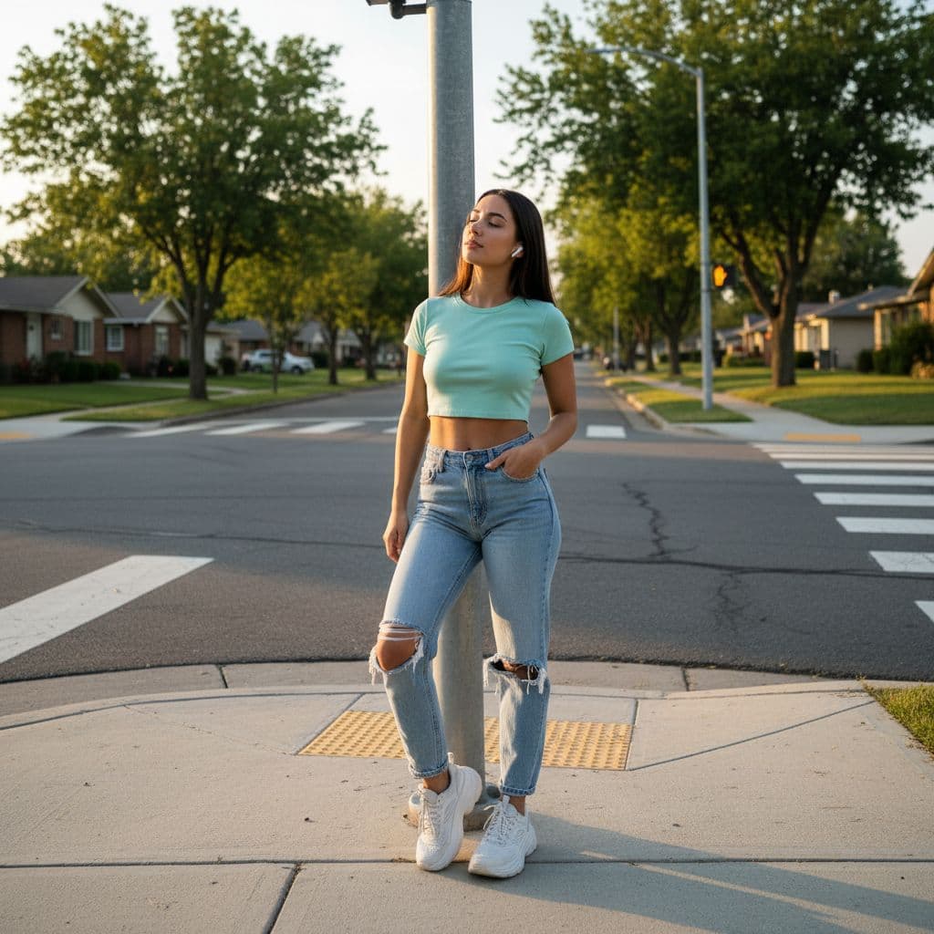 AI generated: 22 year old 5 foot 7 spanish girl, standing on the corner of a suburb waiting to cross at the crossw...