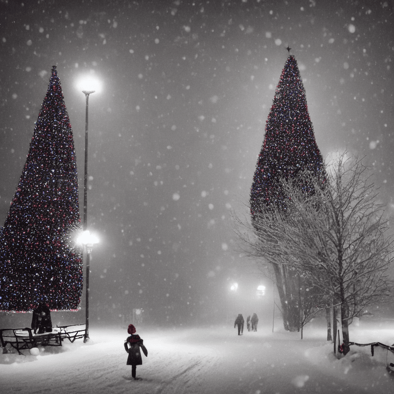 AI generated: Huge Christmas Tree in a town with lot of snow in the style of Gregory Crewdson, cinematic, spooky, ...