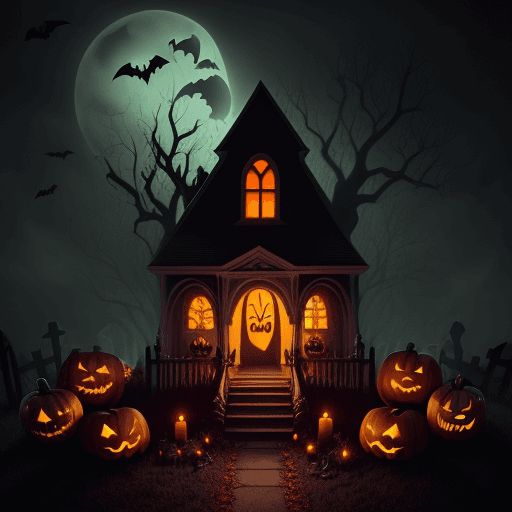 AI generated: Hyper realistic eye level halloween, Scene, many pumpkin, grave, ghost, tree, spider, witch, fine de...