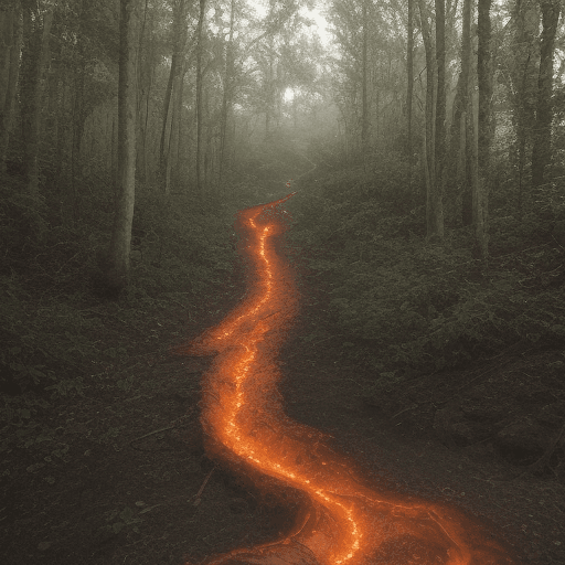 AI generated: a flow of lava pouring downhill through a forrest burning everything in its path water pouring down ...
