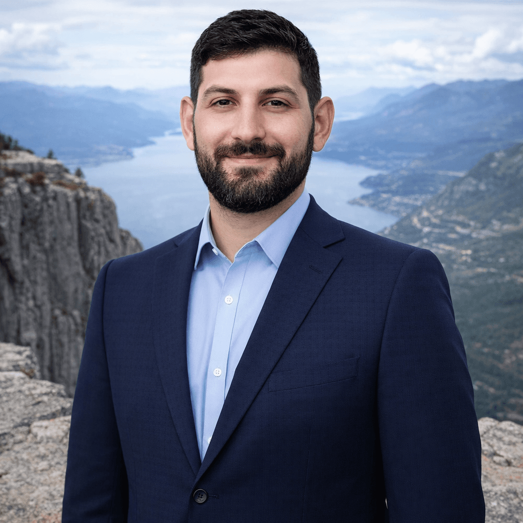 AI generated: a man posing in a portrait staring directly at the camera on top of a cliff 