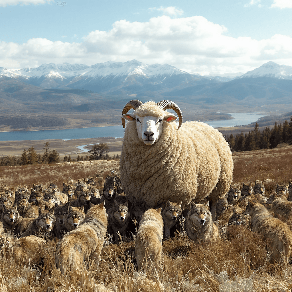 AI generated: A flock of wolves guarded by a very large and strong sheep, with wool wavy in the shape of muscles, ...