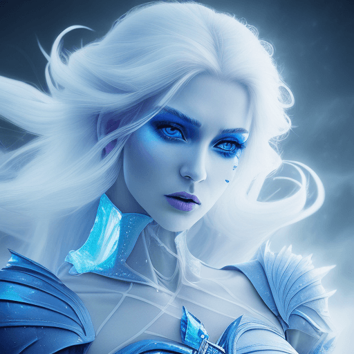 AI generated: A ice based supermodel wearing a white, in the style of fantasy characters, strong facial expression...