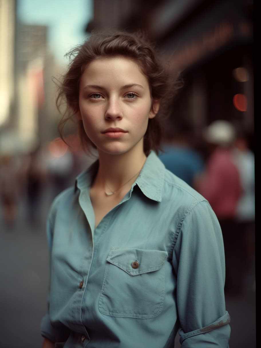 AI generated: ((waist photo)) beautiful young model in the streets of New York, wearing light blue shirt . analogu...