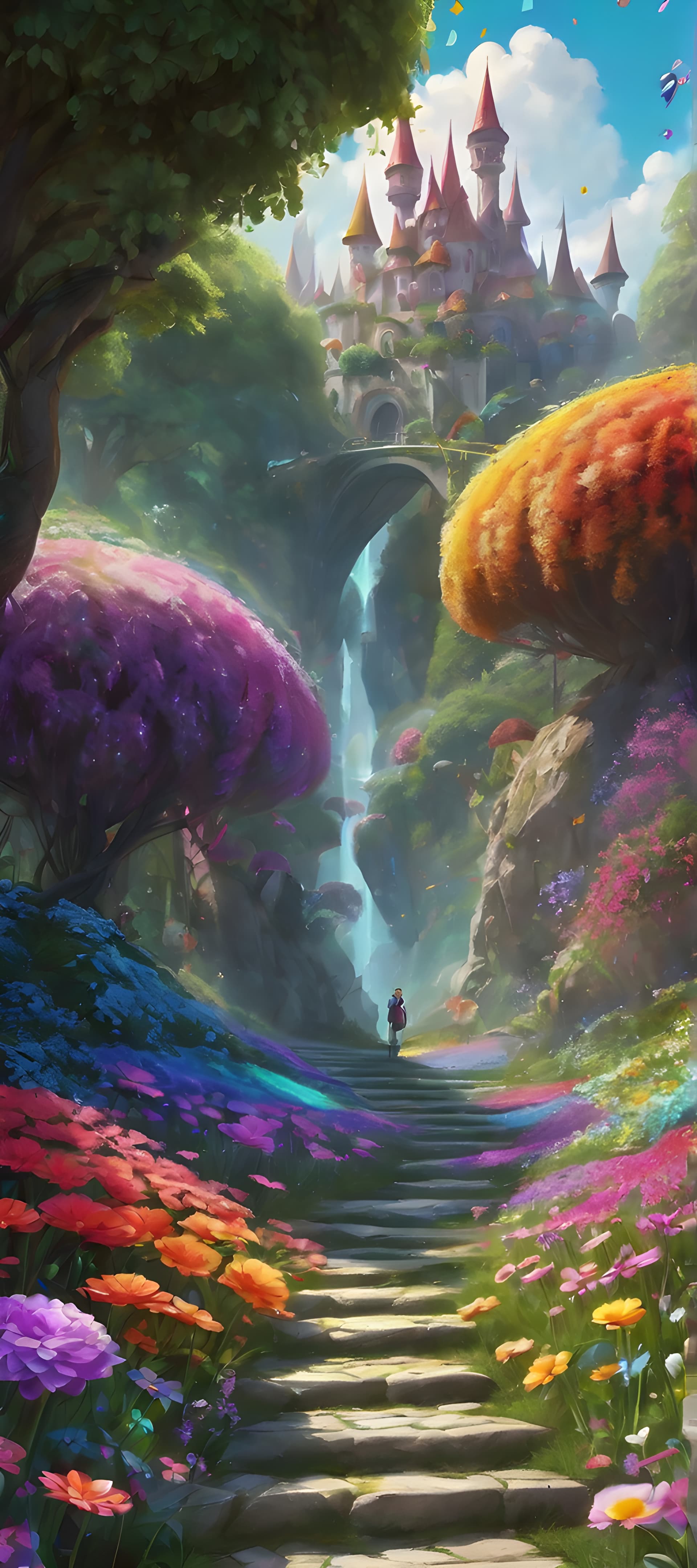 AI generated: Ben Erdt, Ognjen Sporin, Raphael Lacoste. A garden of oversized flowers, with a path made of rainbow...