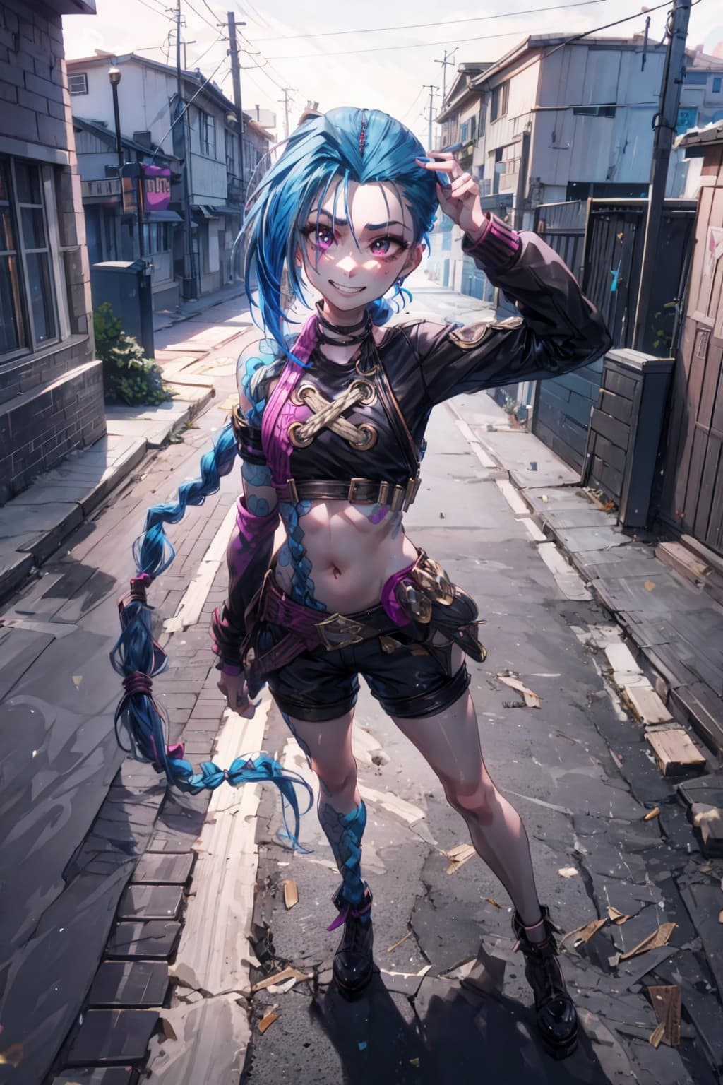 AI generated: Jinx, Grin like smile, braided pony tails, FULL BODY professional photography, in an ICONIC POSE, fa...