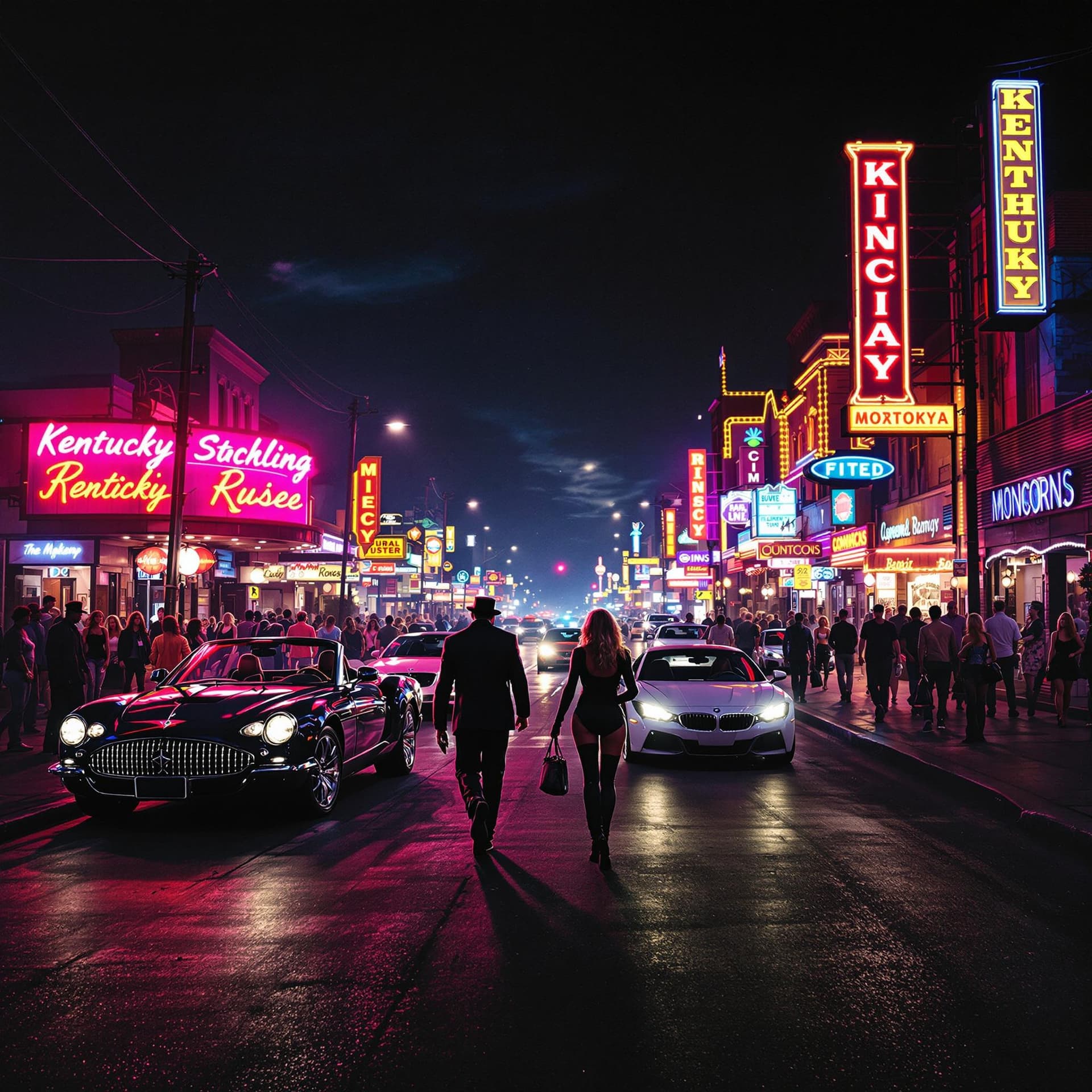 AI generated: 1.  Neon-lit Kentucky mainstreet, pimps and ladies strolling, luxury cars gleaming, night ambiance, ...