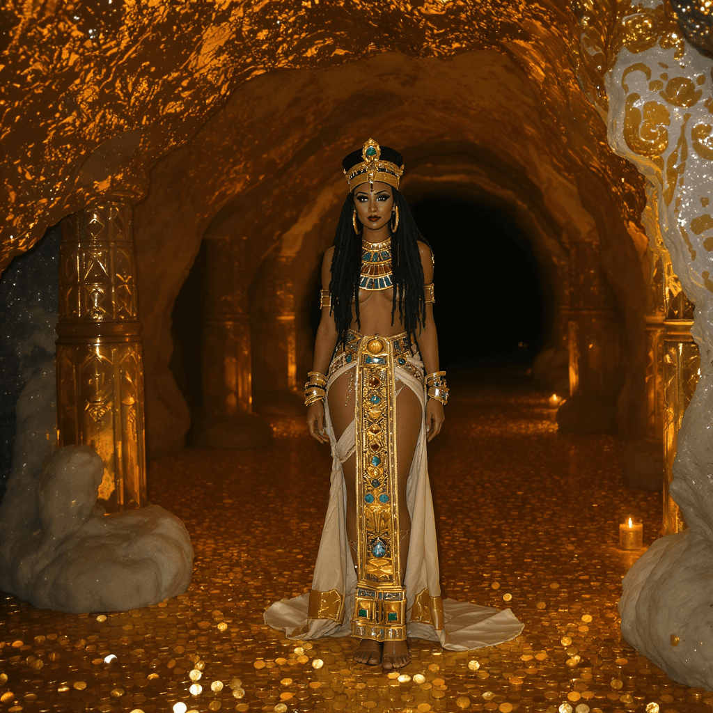 AI generated: A queen in an ancient underground castle, the castle is a cave with golden walls, the floor is made ...