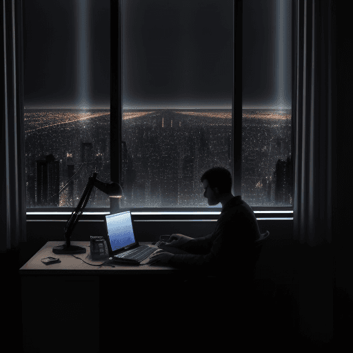 AI generated: a guy is sitting at a computer in a dark room, light falls from the window and you can see a big cit...