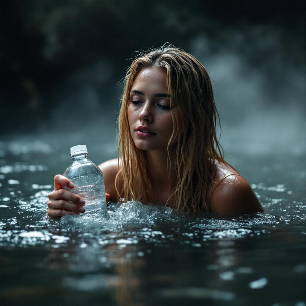AI generated: hot spring in a river flow, steam rises from the water, a woman with long wet blonde hair swims in t...