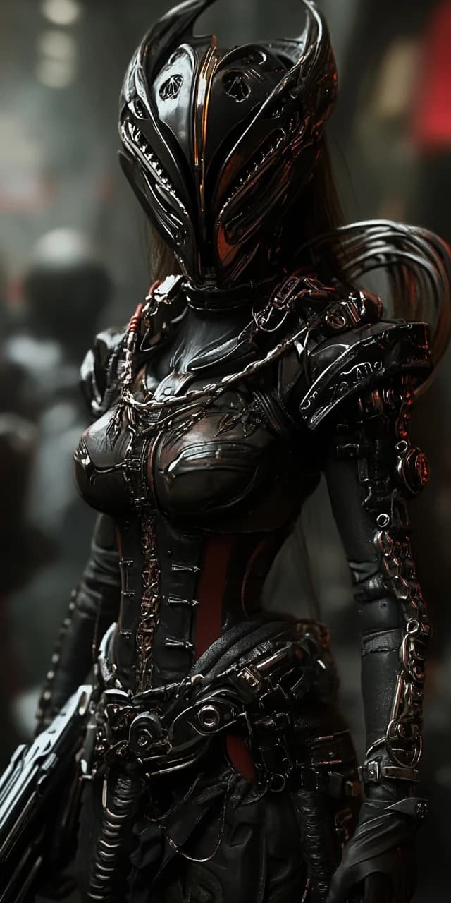 AI generated: A futuristic female warrior, mid-shot, adorned in sleek, high-tech armor, a blend of polished metal ...