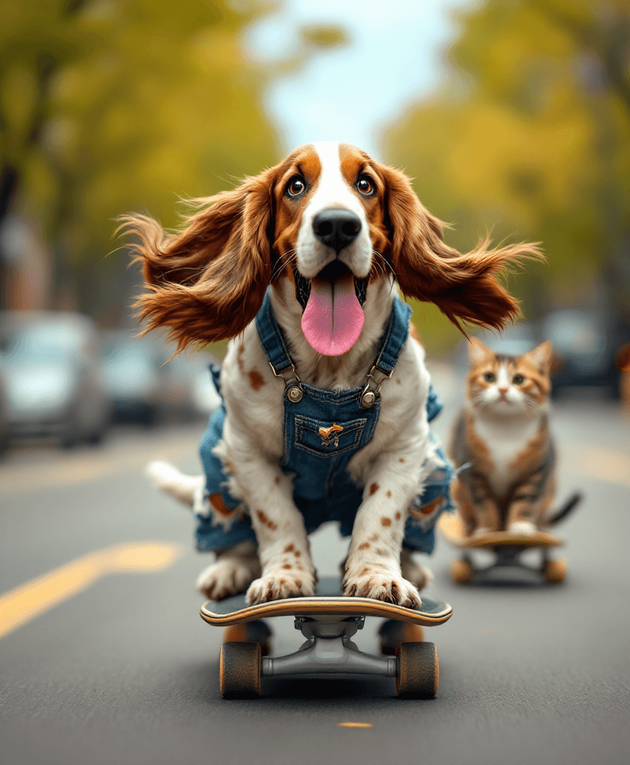 AI generated: A Cute ((Basset hound with Floppy Ears blowing in the breeze)) as he is Riding a Skateboard down the...
