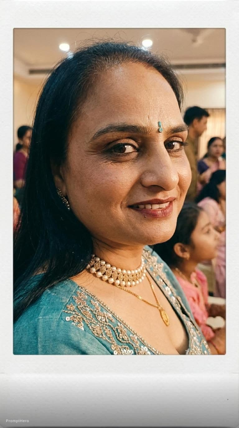 AI generated: Photograph of an indian woman with same hairstyle and makeup, natural lighting, and looks at the cam...