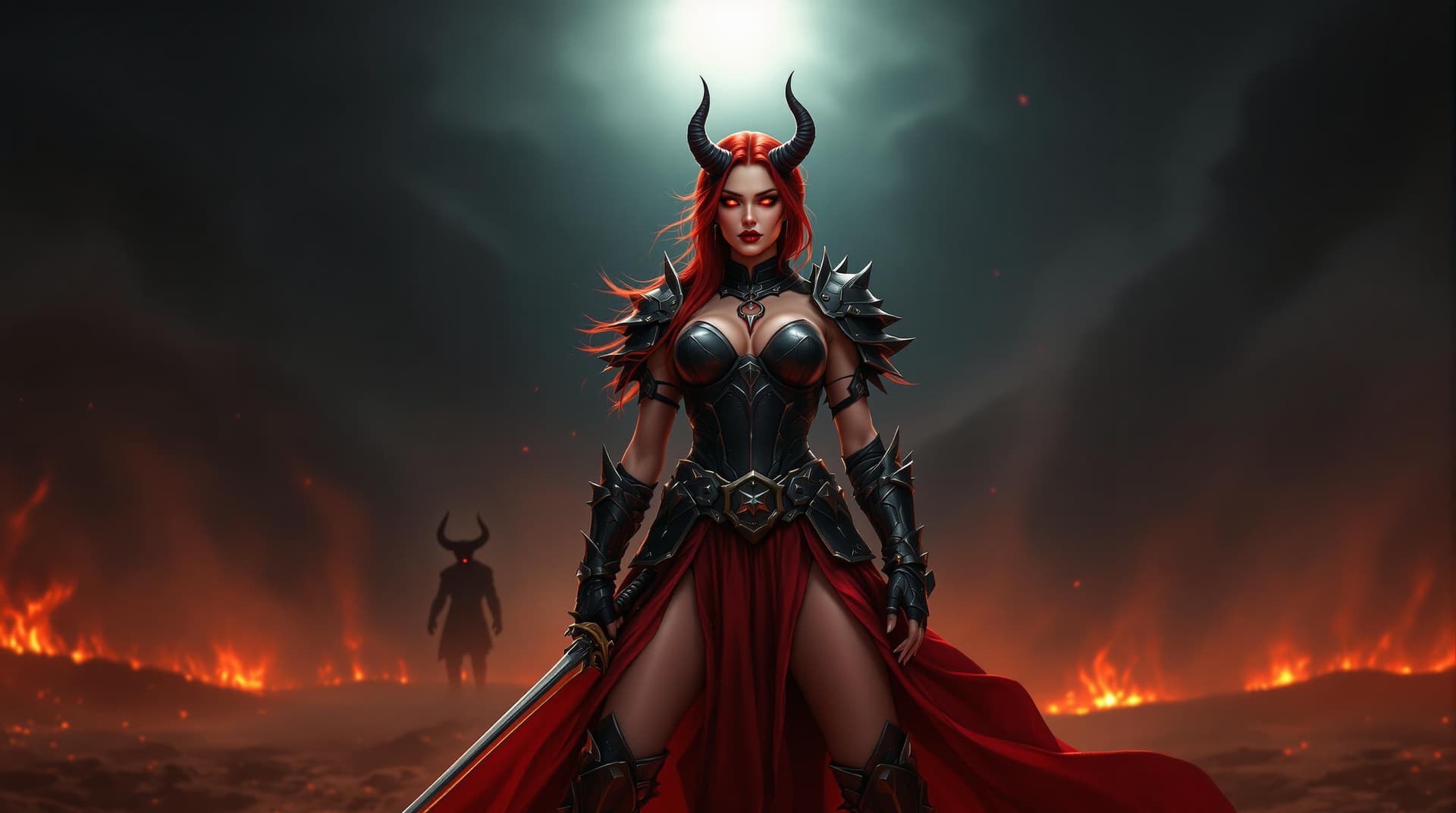 AI generated: a woman with red hair and black horns, dressed in dark armor and standing in a fiery landscape. The ...