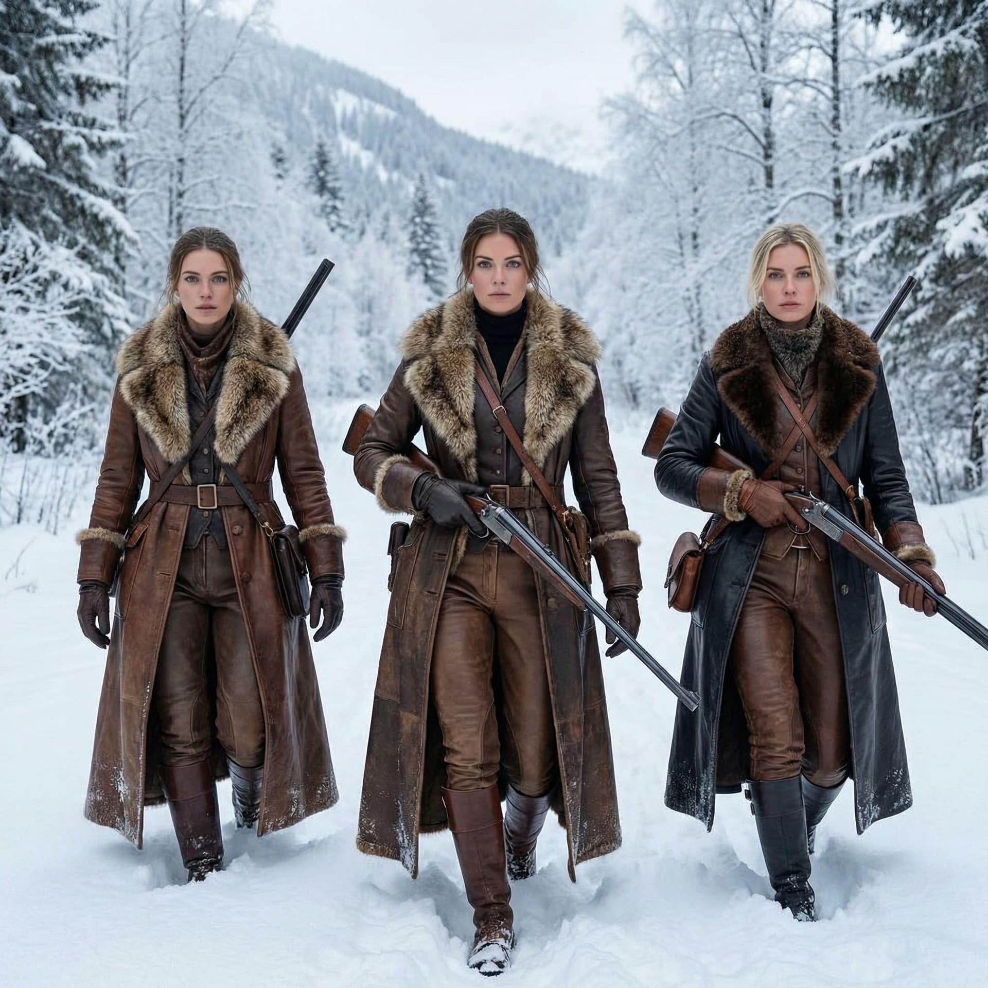 AI generated: Stylish modische 3 Dominante Jägerinnen ganz in Leder, Lederbrechess, auf der Jagd gerinnen ganz in ...